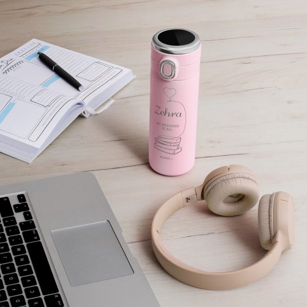 Reisebecher mit LED-Touch-Anzeige Rosa 300 ml für eine Bücherliebhaberin