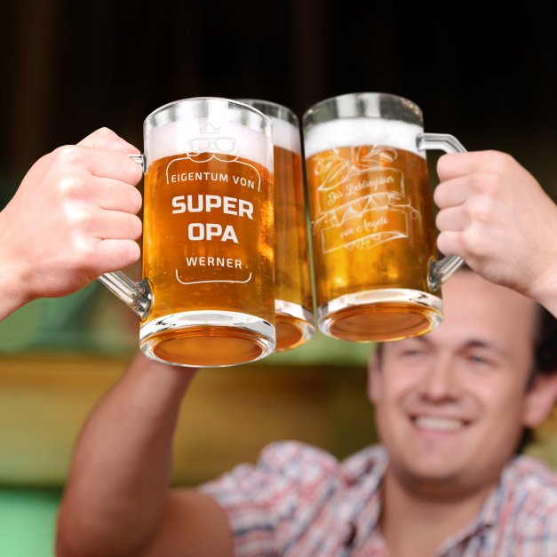 Bierseidel aus Glas mit Gravur für Ihren Großvater Brille