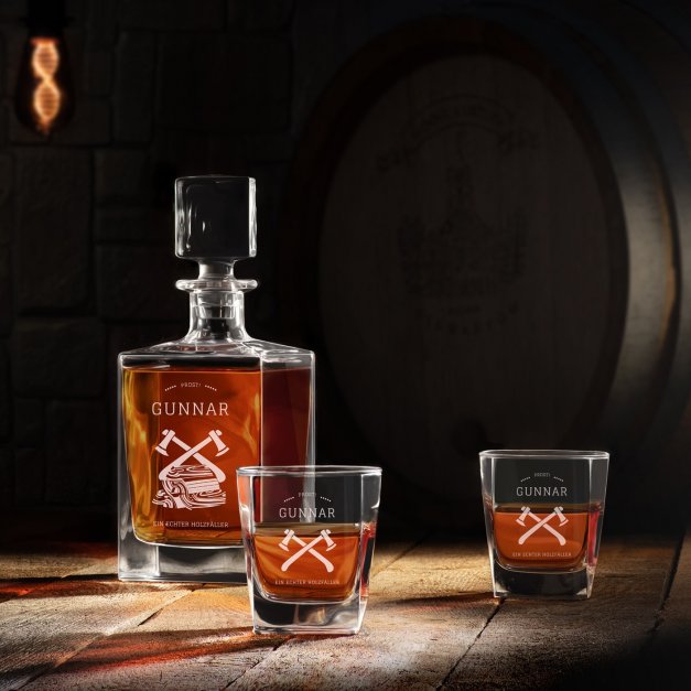 Cube Whisky Karaffe mit 2 Gläsern mit Gravur für einen echten Holzfäller