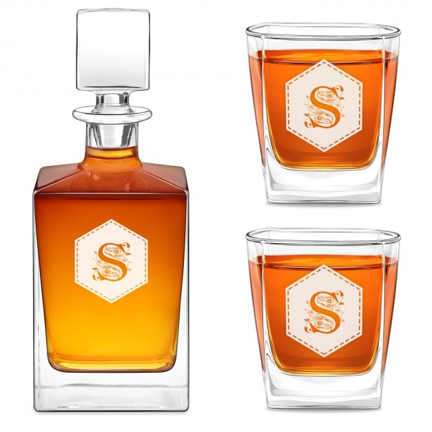 Cube Whisky Karaffe mit 2 Gläsern mit eingraviertem Initiale für einen Gentleman