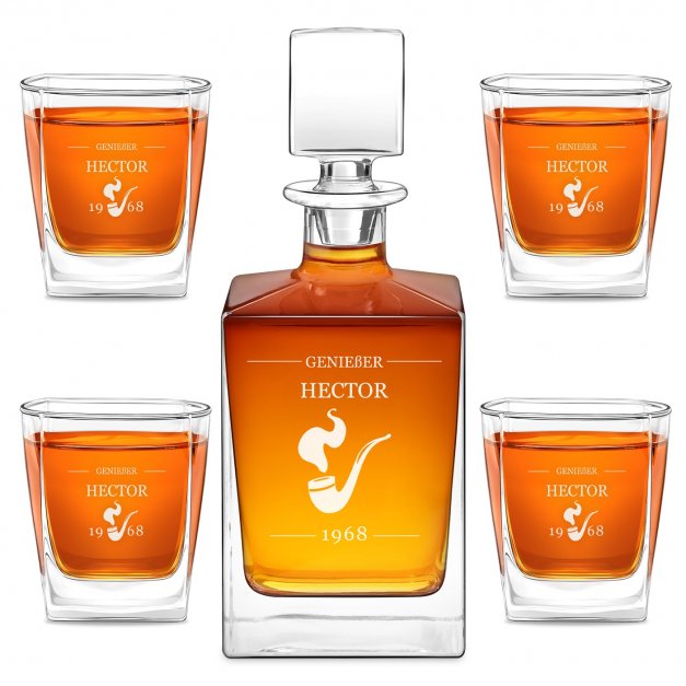 Cube Whisky Karaffe mit 4 Gläsern mit Gravur für einen Whiskyconnoisseur zum Geburtstag