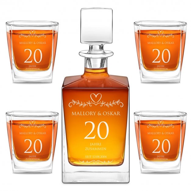 Cube Whisky Karaffe mit 4 Gläsern mit Gravur für ein Paar zum 20. Hochzeitsjubiläum