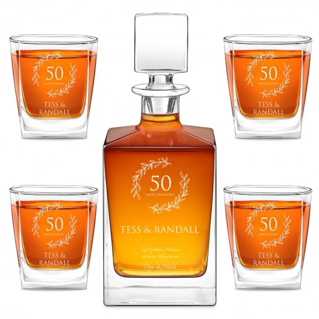 Cube Whisky Karaffe mit 4 Gläsern mit Gravur für ein Paar zum 50. Hochzeitsjubiläum