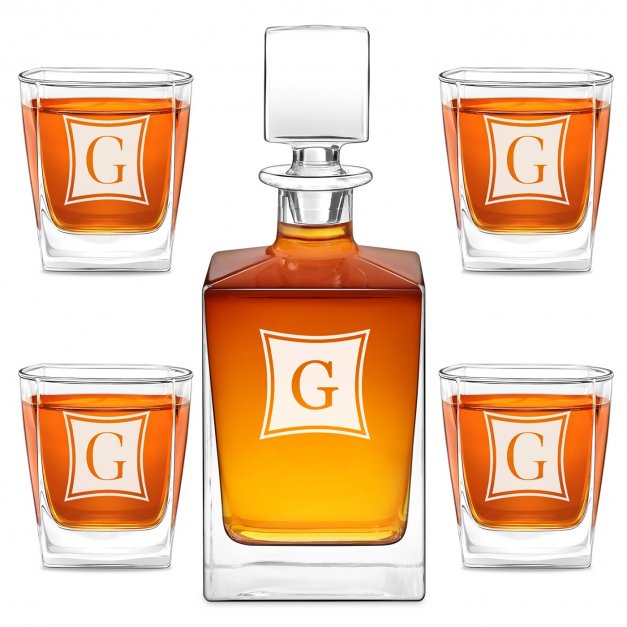 Cube Whisky Karaffe mit 4 Gläsern mit Gravur mit eingraviertem Initiale