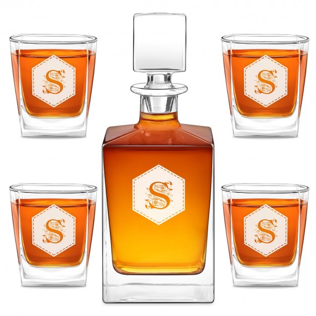 Cube Whisky Karaffe mit 4 Gläsern mit eingraviertem Initiale