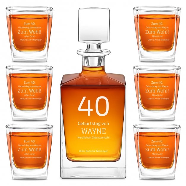 Cube Whisky Karaffe mit 6 Gläsern mit Gravur für ihn zum 40. Geburtstag