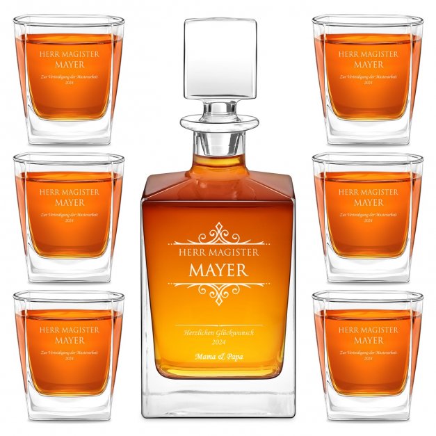 Cube Whisky Karaffe mit 6 Gläsern mit Gravur für einen Magister