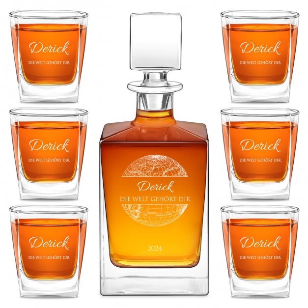 Cube Whisky Karaffe mit 6 Gläsern mit Gravur für einen Reisefan zum Jubiläum