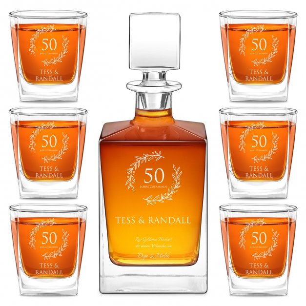 Cube Whisky Karaffe mit 6 Gläsern mit Gravur für ein Paar zum 50. Hochzeitsjubiläum