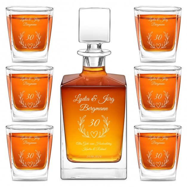 Cube Whisky Karaffe mit 6 Gläsern mit Gravur für ein Paar zum 30. Hochzeitstag