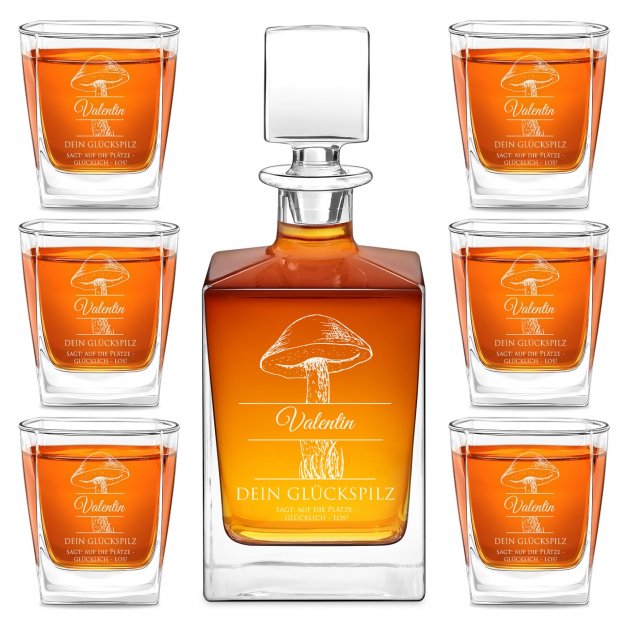 Cube Whisky Karaffe mit 6 Gläsern mit Gravur für einen Pilzsammler zum Jubiläum