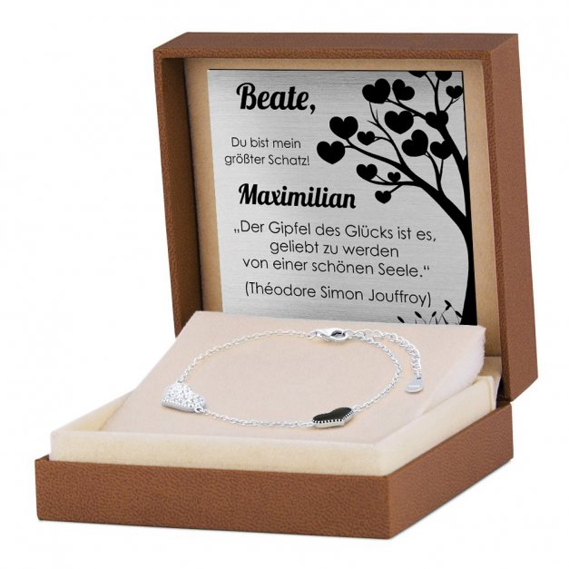 Damenarmband 925 Silber mit 2 Herzen + Geschenkbox mit Gravur