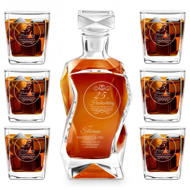 Whisky Karaffe Set mit 6 Gläsern mit Gravur für ein Paar zum 25. Hochzeitsjubiläum