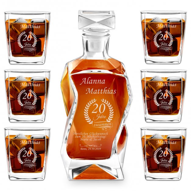 Whisky Karaffe Set mit 6 Gläsern mit Gravur für ein Paar zum 20. Hochzeitsjubiläum