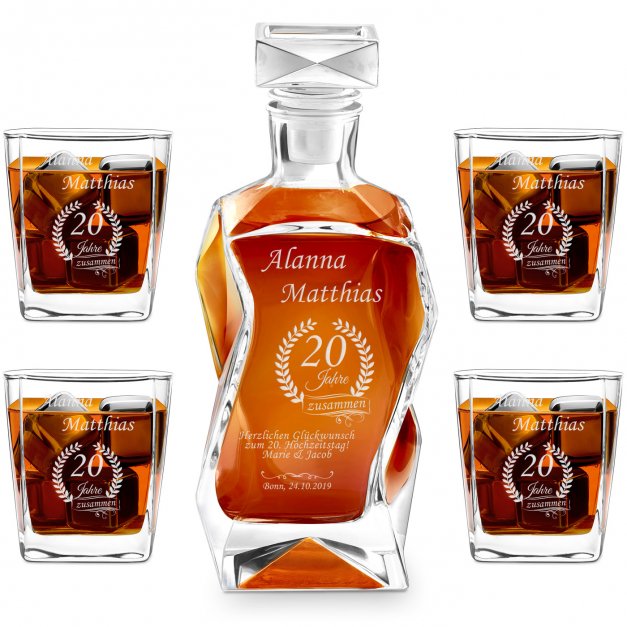 Whisky Karaffe Set mit 4 Gläsern mit Gravur für ein Paar zum 20. Hochzeitsjubiläum