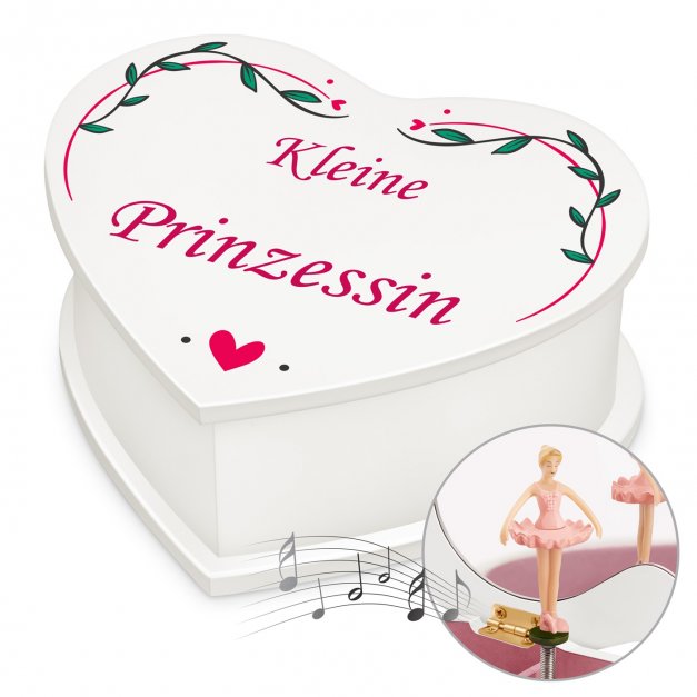 Weiße Herzschatulle mit Spieluhr und Aufdruck für kleine Prinzessin zum Geburtstag