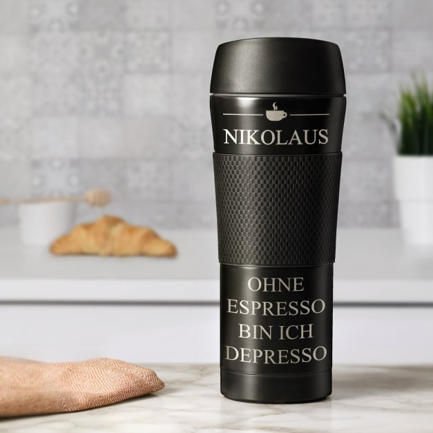 Rutschfester Thermobecher mit Gravur Schwarz 400 ml für einen Kaffeetrinker zum Geburtstag