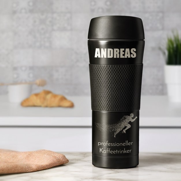 Rutschfester Thermobecher mit Gravur Schwarz 400 ml für Ihren Liebsten, Sportler, Jogger