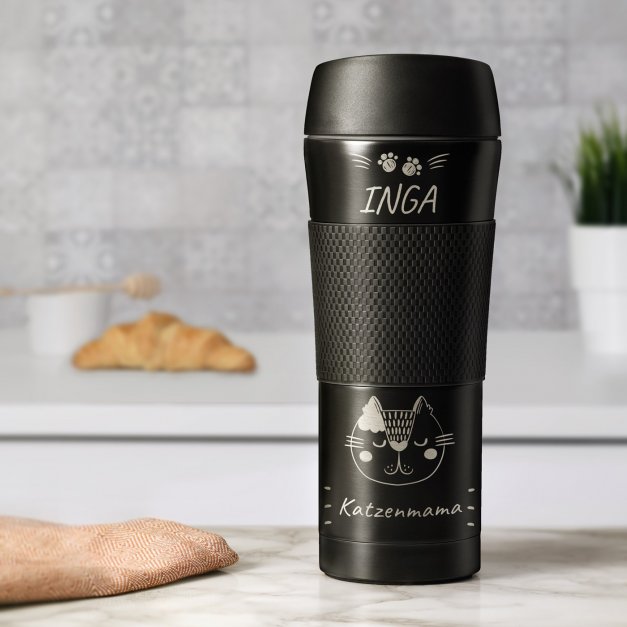 Rutschfester Thermobecher mit Gravur Schwarz 400 ml für eine Katzenlady zum Geburtstag