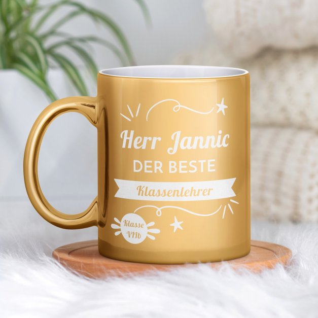 Kaffeebecher mit Gravur Gold/Glänzend für Ihren Tutor Klassenlehrer zum Schuljahresende