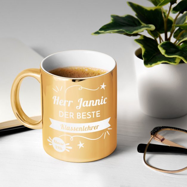 Kaffeebecher mit Gravur Gold/Glänzend für Ihren Tutor Klassenlehrer zum Schuljahresende