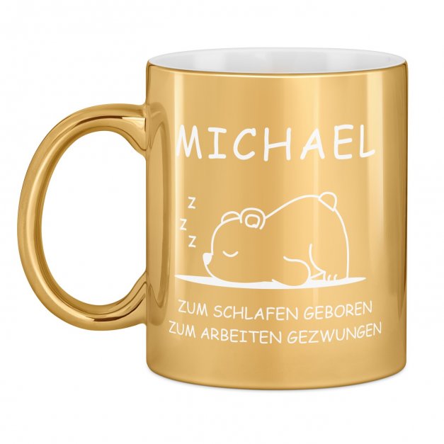 Kaffeebecher mit Gravur Gold/Glänzend für einen Langschläfer Arbeitskollegen zum Geburtstag