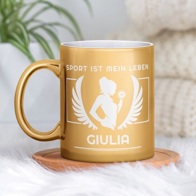 Kaffeebecher mit Gravur Gold/Glänzend für eine Fitnessbegeisterte Sportlerin Bodybuilderin zum Geburtstag