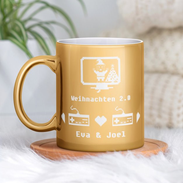 Kaffeebecher mit Gravur Gold/Glänzend für ein Gamerpaar zu Weihnachten