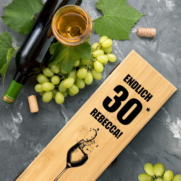 Weinkiste aus Bambusholz mit 4er Sommelierset und Aufdruck für sie zum 30. Geburtstag Weinglas