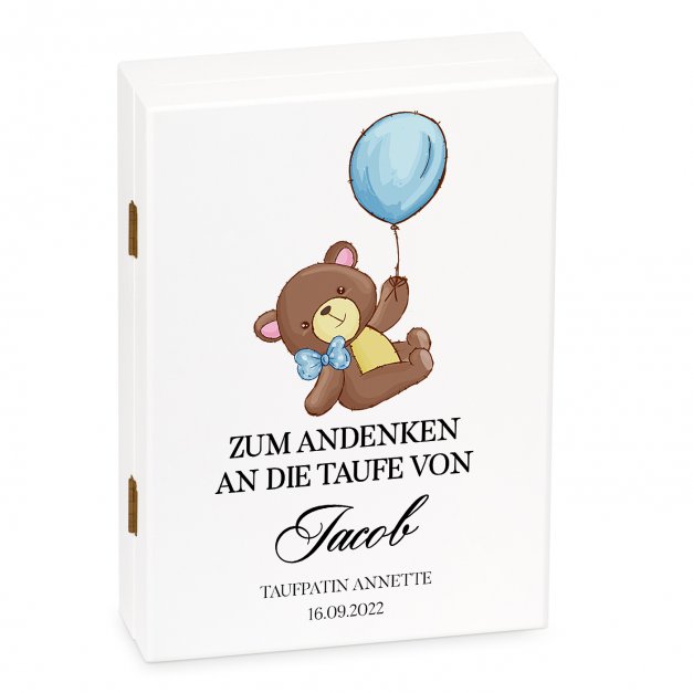 Animal Kinderbesteck mit Gravur inklusive Holzbox mit Aufdruck Weiß für einen Jungen zur Taufe Teddybär