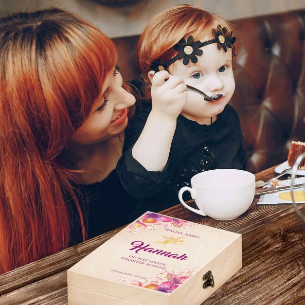 Animal Kinderbesteck mit Gravur inklusive Holzbox mit Aufdruck Hellbraun für ein Mädchen zur Geburt