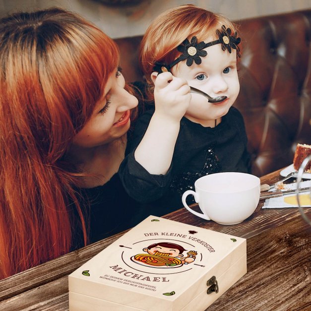 Animal Kinderbesteck mit Gravur inklusive Holzbox mit Aufdruck Hellbraun für ihn zum Geburtstag