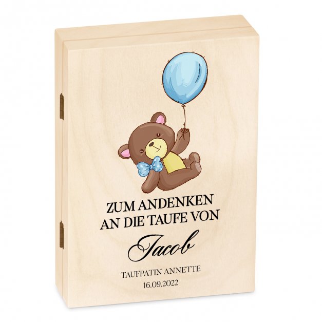 Animal Kinderbesteck mit Gravur inklusive Holzbox mit Aufdruck Hellbraun für einen Jungen zur Taufe Teddybär