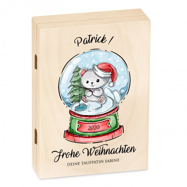 Animal Kinderbesteck mit Gravur inklusive Holzbox mit Aufdruck Hellbraun für ein Mädchen zum Weihnachtsfest Schneekugel