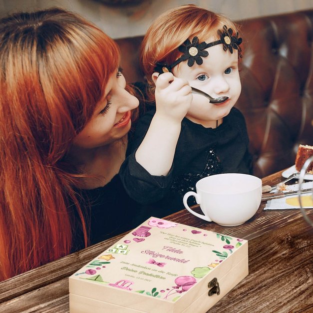 Animal Kinderbesteck mit Gravur inklusive Holzbox mit Aufdruck Hellbraun für ein Mädchen zur Taufe Spielzeuge