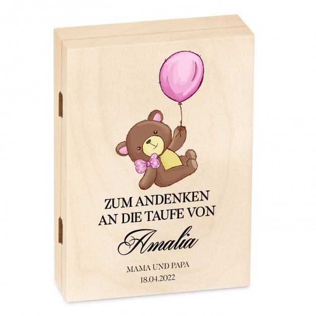 Animal Kinderbesteck mit Gravur inklusive Holzbox mit Aufdruck Hellbraun für ein Mädchen zur Taufe Teddybär