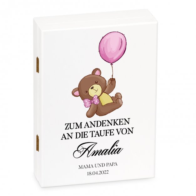 Animal Kinderbesteck mit Gravur inklusive Holzbox mit Aufdruck Weiß für ein Mädchen zur Taufe Teddybär