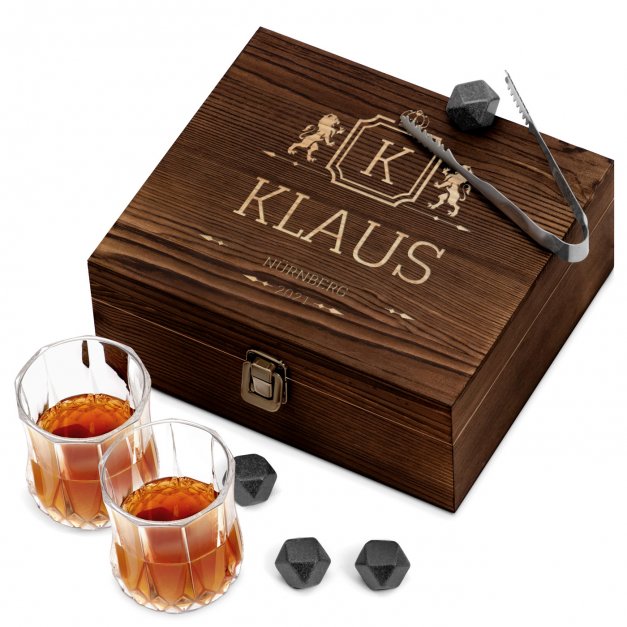 Whisky Steine Set mit 2 Gläsern in Holzbox mit Gravur für einen Gentleman