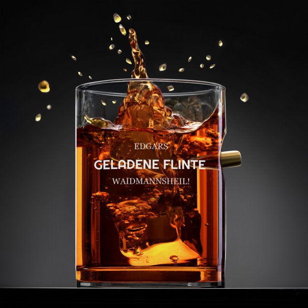 Whisky Karaffe in Gewehrform mit 4 Gläsern mit Gravur für einen Jäger zum Jubiläum