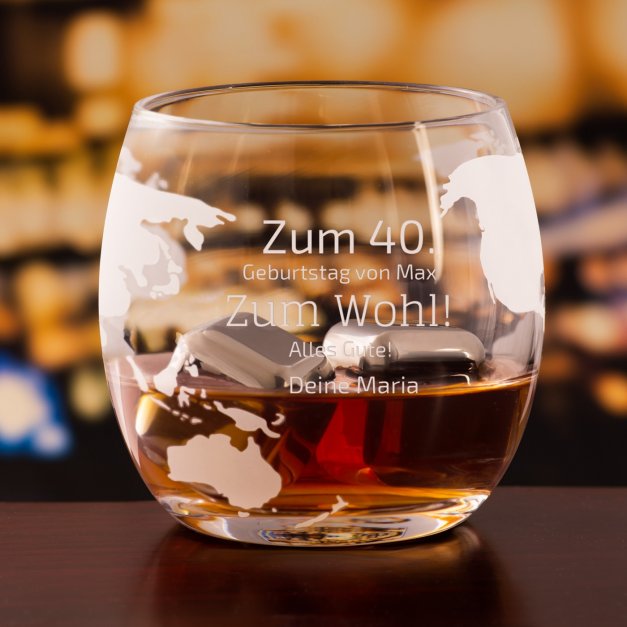 Whisky Dekanter in Globusform mit Schiff mit 2 Gläsern für ihn zum 40. Geburtstag