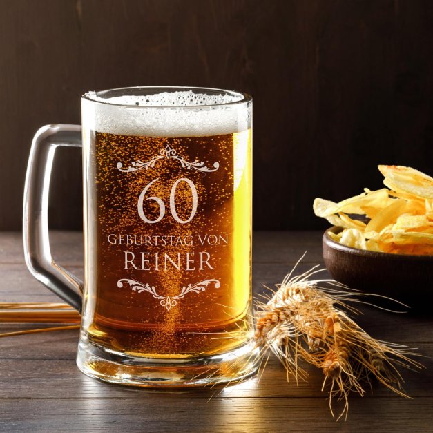 Bierkrug aus Glas mit Gravur für ihn zum 60. Geburtstag