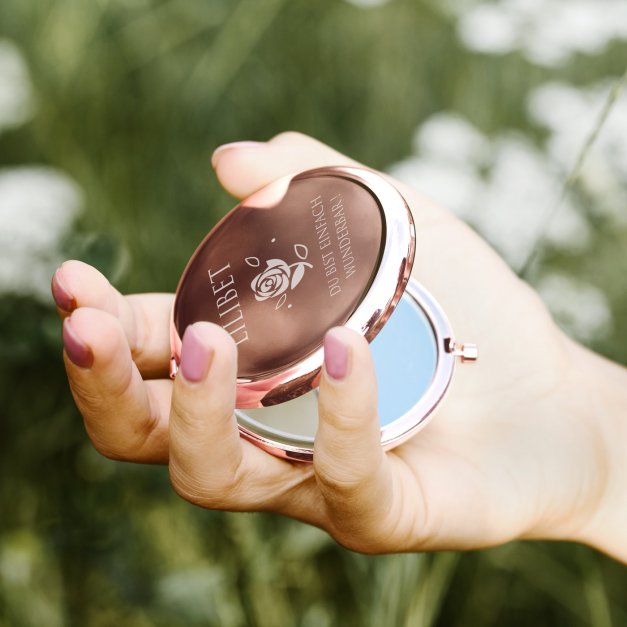 Runder Taschenspiegel mit Gravur Rosegold für sie zum Geburtstag Rose