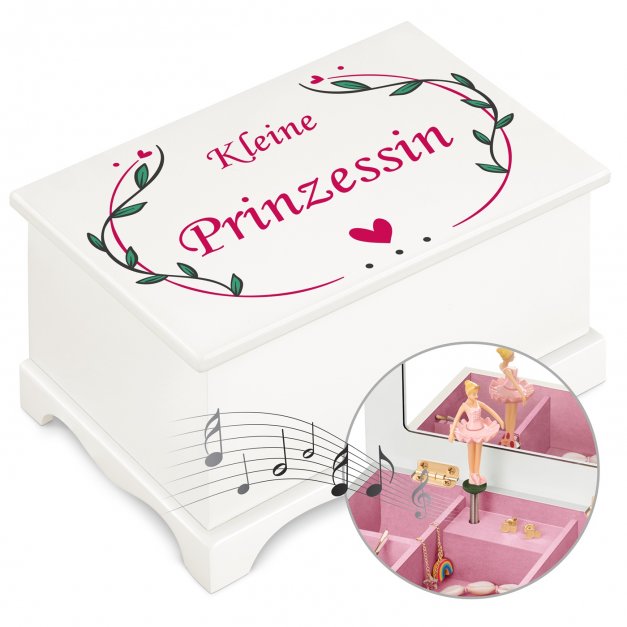 Weiße Schmuckschatulle mit Spieluhr und Aufdruck für kleine Prinzessin zum Geburtstag