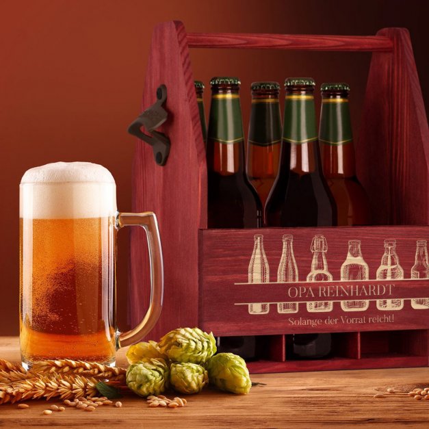 Bierträger aus Holz mit Flaschenöffner und Gravur für Ihren Opa