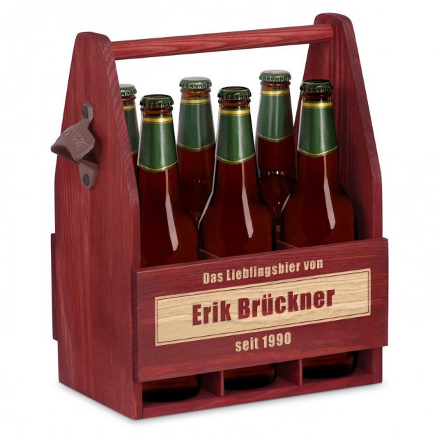 Bierträger aus Holz mit Flaschenöffner und Gravur für ihn, einen Mann zum Geburtstag