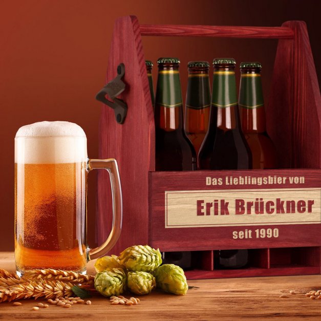 Bierträger aus Holz mit Flaschenöffner und Gravur für ihn, einen Mann zum Geburtstag