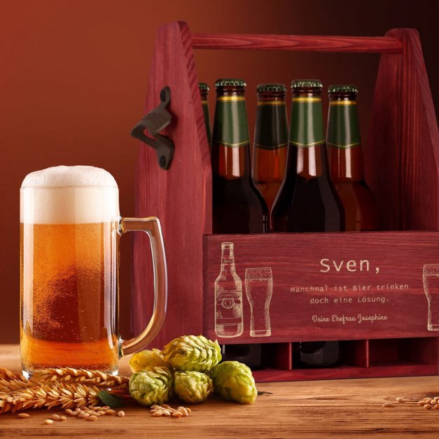 Bierträger aus Holz mit Flaschenöffner und Gravur für Ihren Ehemann