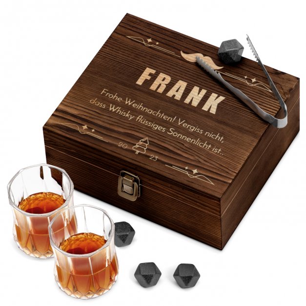 Whisky Steine Set mit 2 Gläsern in Holzbox mit Gravur für einen Gentleman zu Weihnachten