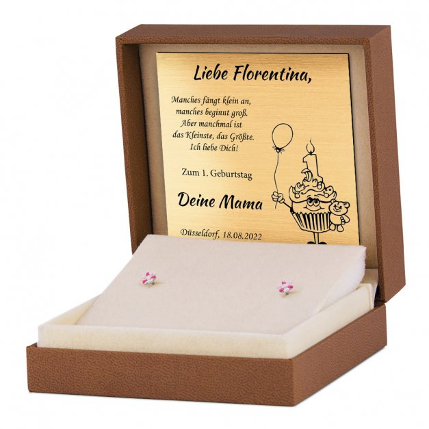Silberne Ohrringe 925er Rosa Blumen + Geschenkbox mit Gravur
