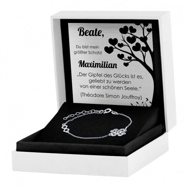 Infinity Damen Armband 925 Silber mit Kleeblatt + Geschenkbox mit Gravur
